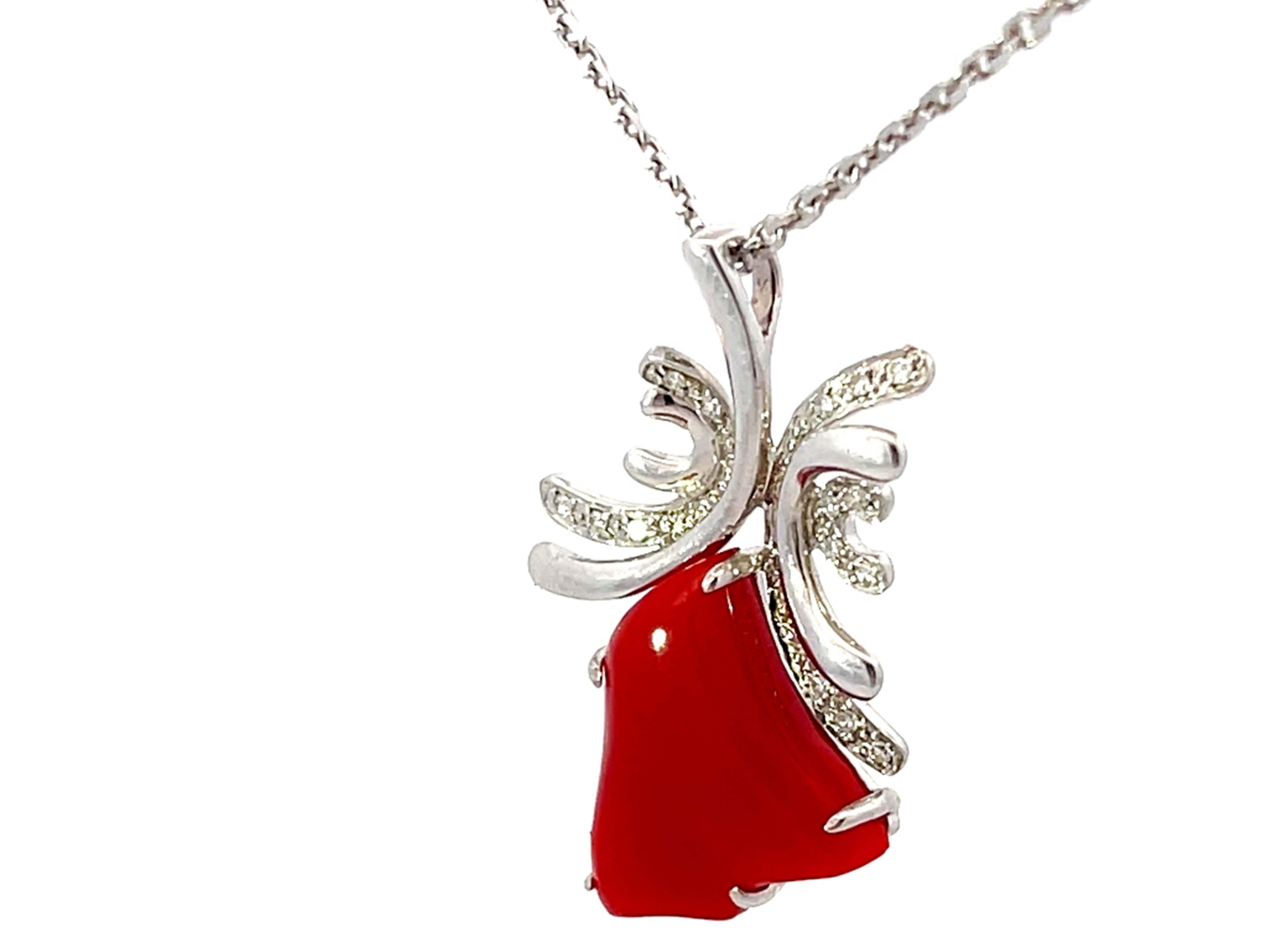 Brilliant Cut Aka Coral Red Heart Diamond Necklace Solid 14k White Gold For Sale