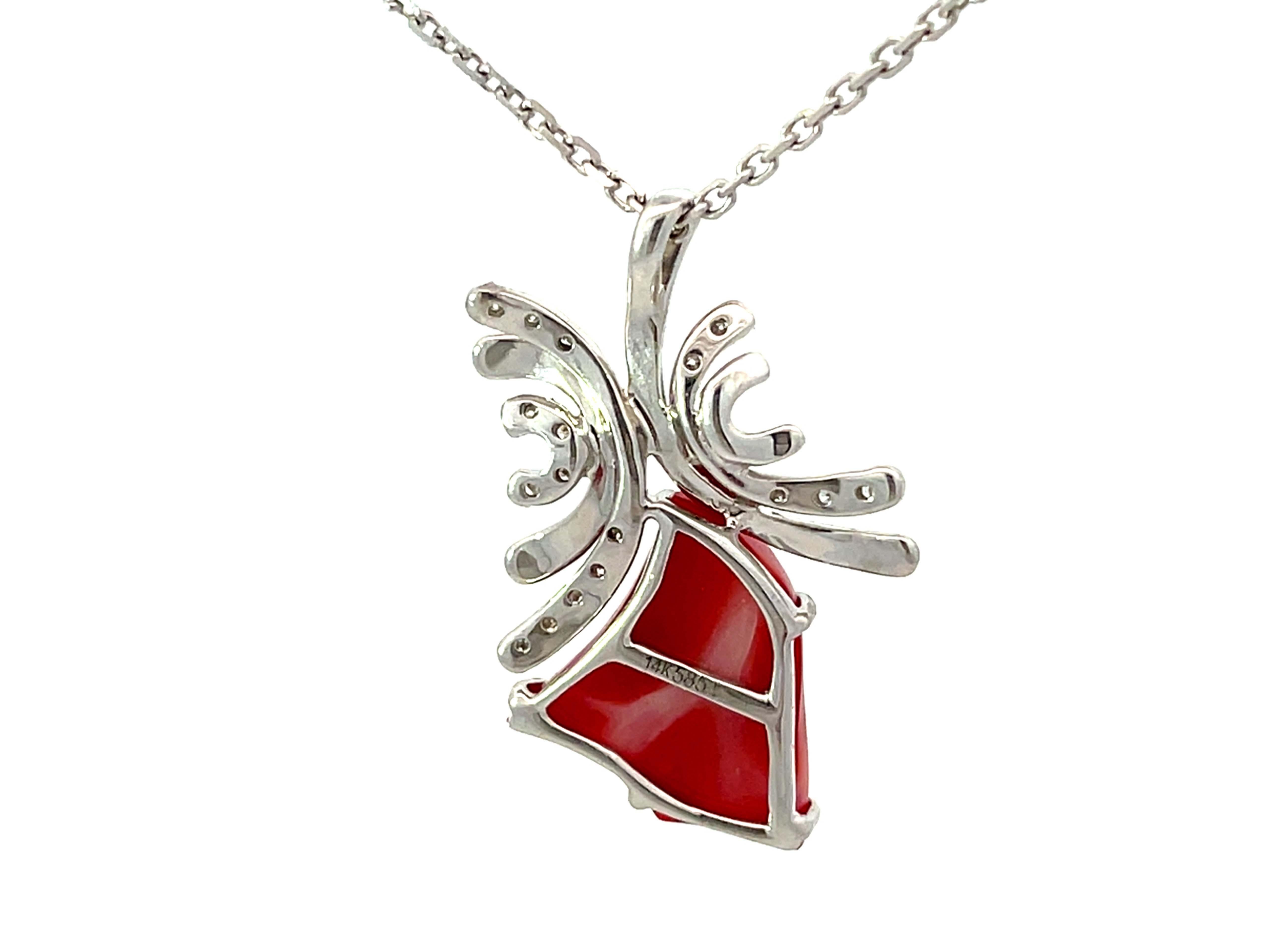 Aka Coral Red Heart Diamond Necklace Solid 14k White Gold For Sale 1
