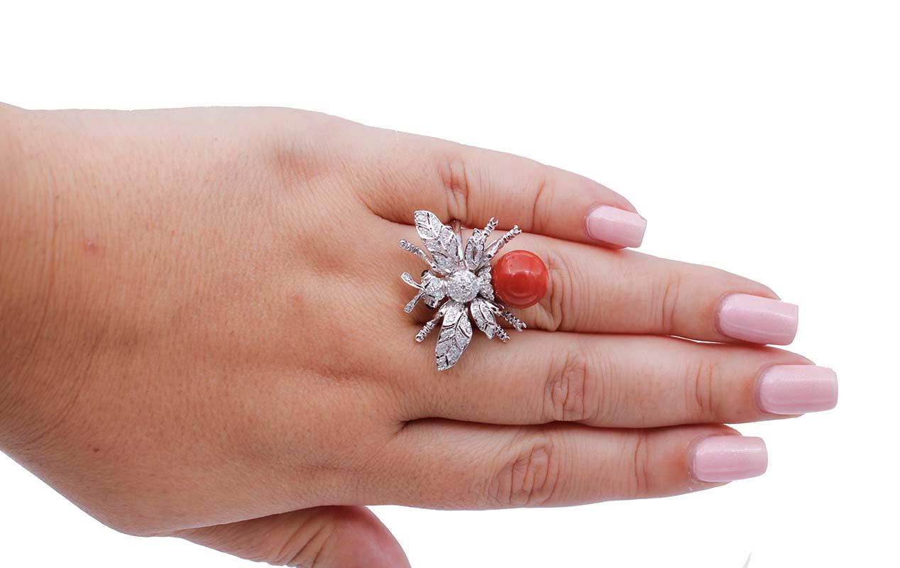Mixed Cut Aka Coral, Diamonds, Sapphires, 14 Karat White Gold Bee Ring