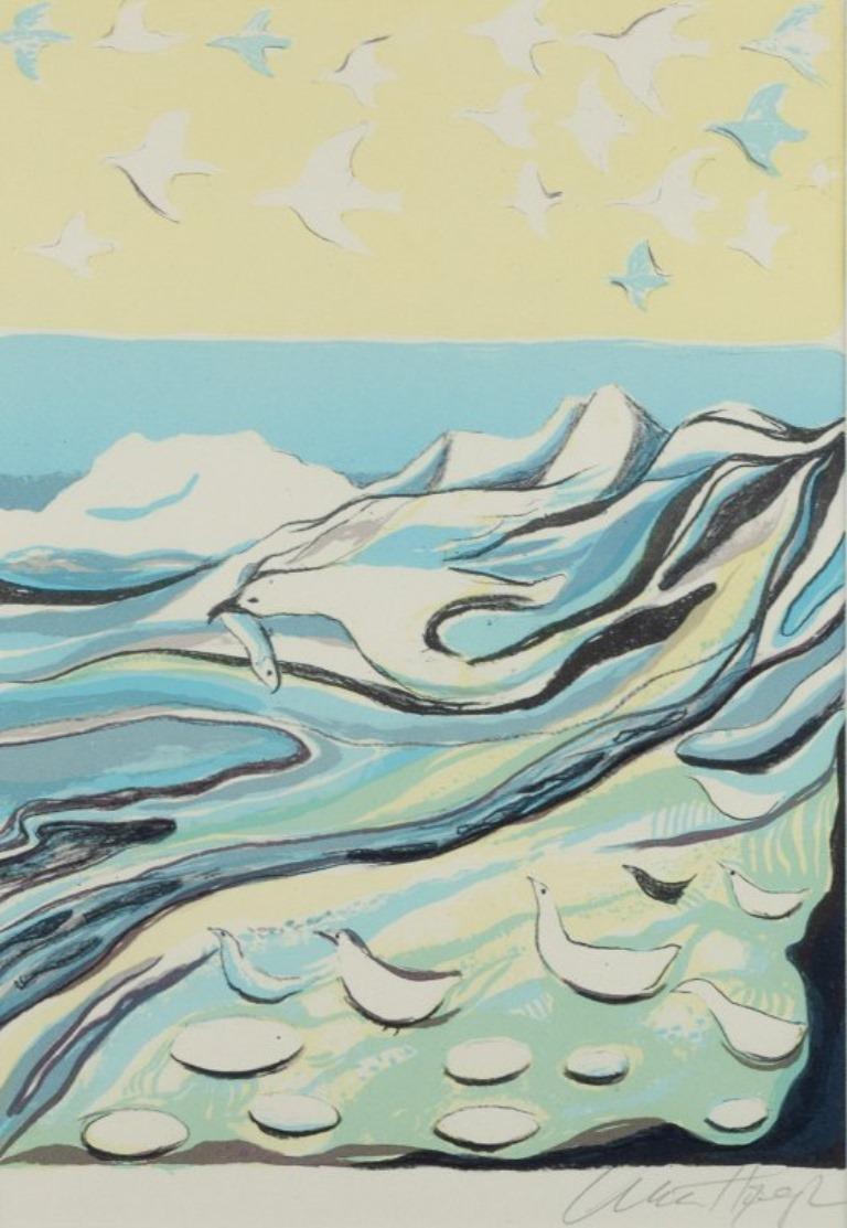 Aka Høegh, Greenlandic painter. Color lithograph on paper.
Greenlandic mountain landscape with seagulls.
Signed in pencil.
Late 1900s.
In perfect condition.
Dimensions 26.5 x 38.0 cm.
Total dimensions with frame: 40.5 x 54.5 cm.

Aka Høegh