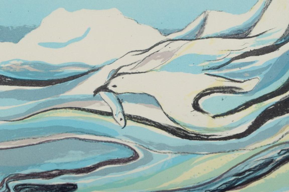 Aka Høegh. Farblithographie auf Papier. Greenlandic-Berglandschaft im Zustand „Hervorragend“ im Angebot in København, Copenhagen