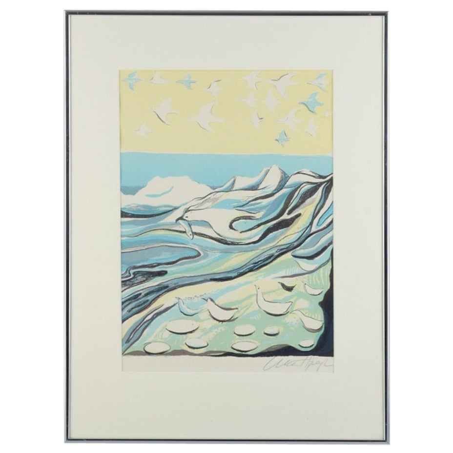 Aka Høegh. Farblithographie auf Papier. Greenlandic-Berglandschaft im Angebot