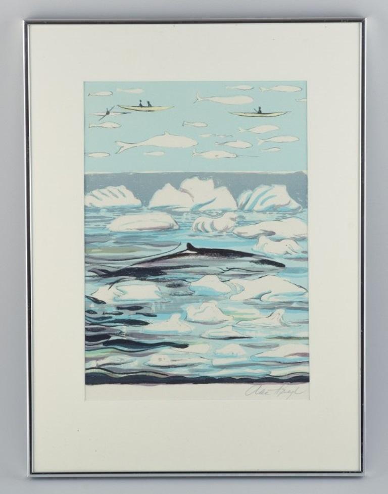 Aka Høegh, Greenlandic painter. Color lithograph on paper.
Greenlandic sea motif with whales, ice flakes, kayaks etc.
Signed in pencil.
Late 1900s.
In perfect condition.
Dimensions 26.5 x 38.0 cm.
Total dimensions with frame: 40.5 x 54.5