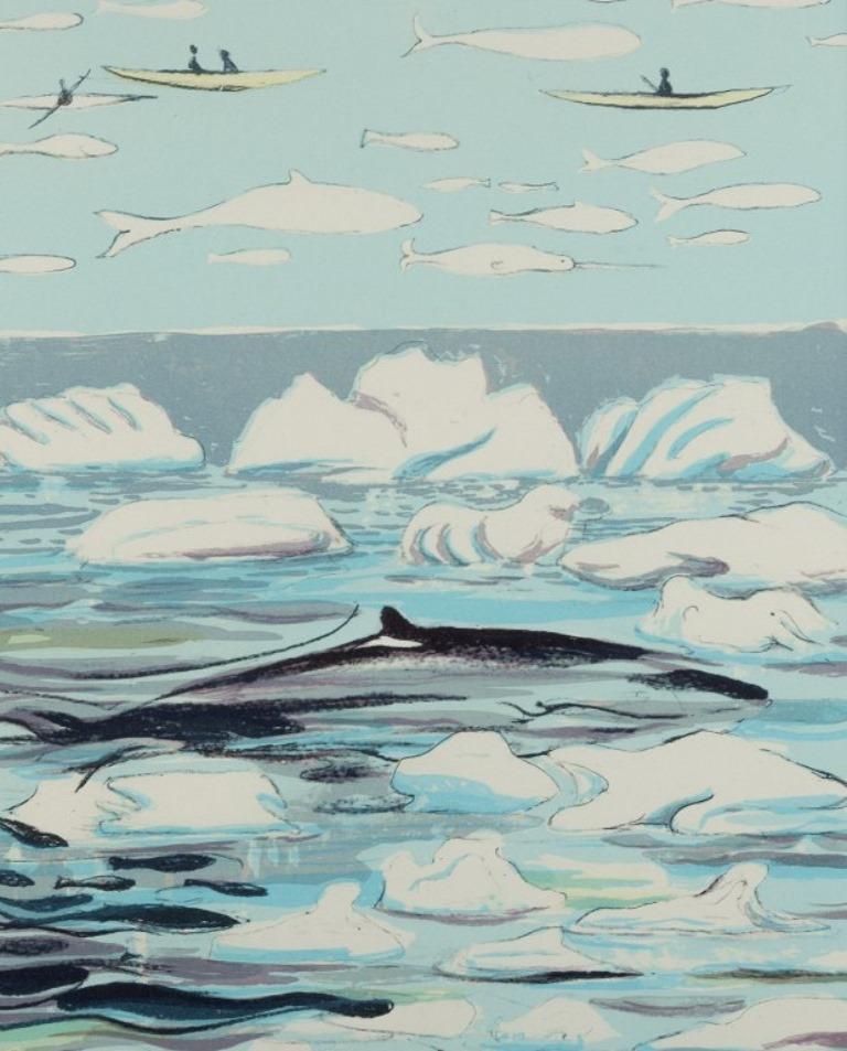 Aka Høegh, Greenlandic Painter, Color Lithograph on Paper, Greenlandic Sea Motif In Excellent Condition For Sale In Copenhagen, DK