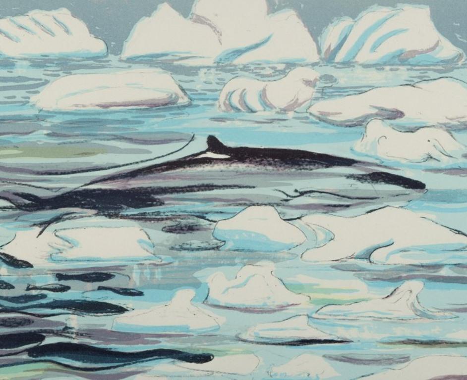 Late 20th Century Aka Høegh, Greenlandic Painter, Color Lithograph on Paper, Greenlandic Sea Motif For Sale