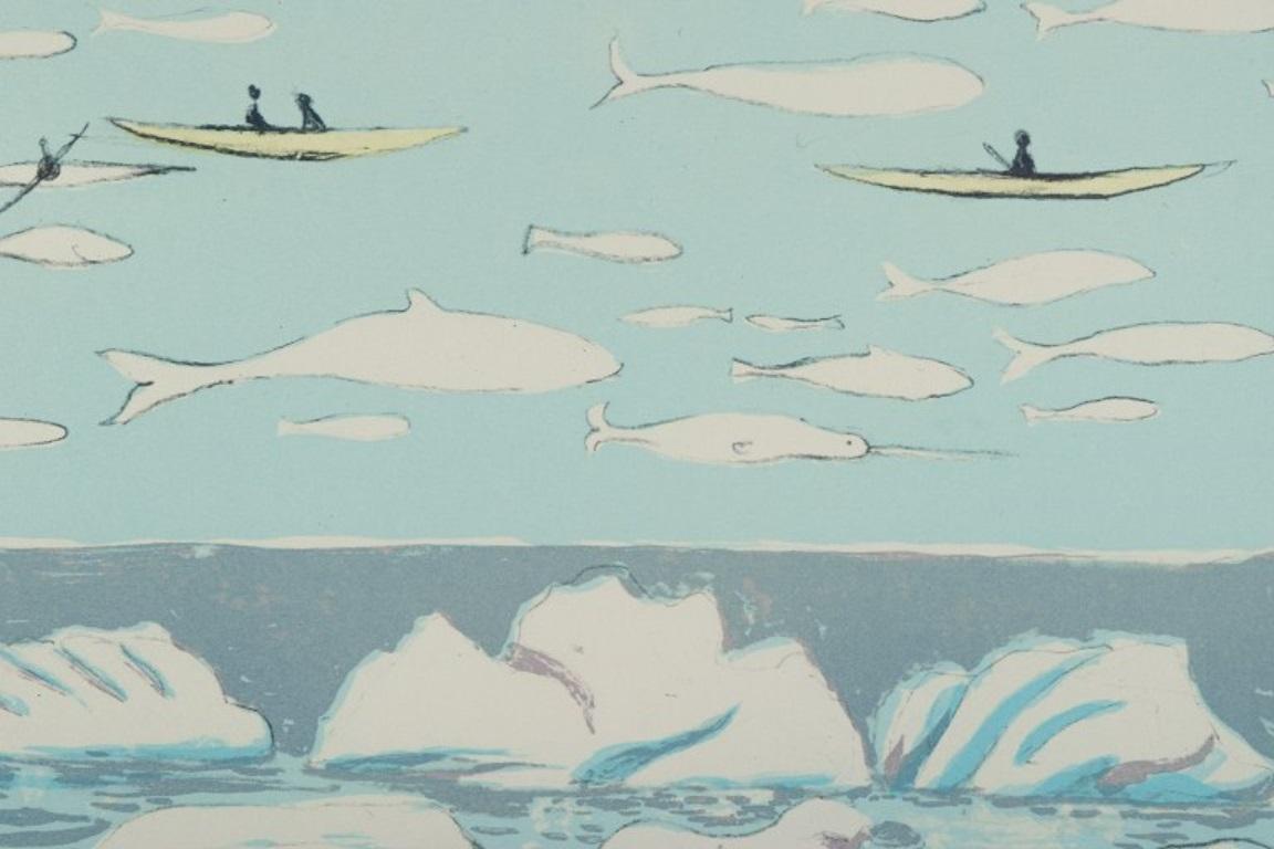 Aka Høegh, Greenlandic Painter, Color Lithograph on Paper, Greenlandic Sea Motif For Sale 1