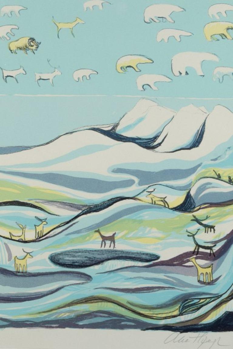 Aka Høegh, Greenlandic painter. Color lithograph on paper.
Greenlandic mountain landscape with reindeer, polar bears etc.
Signed in pencil.
Late 20th c.
In perfect condition.
Dimensions 26.5 x 38.0 cm.
Total dimensions with frame: 40.5 x 54.5