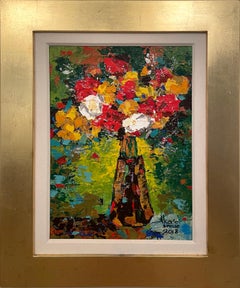 Vase With Flowers, Impressionist Oil Painting Signed by Aka'e Dpusac