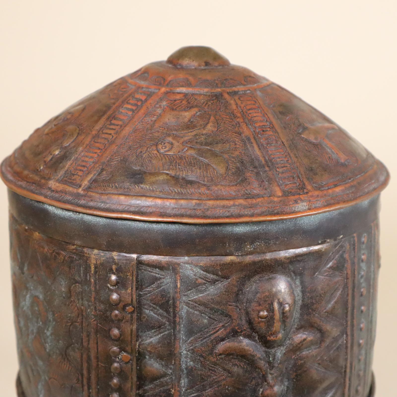 Akan Repousse Bronze Treasure Box Ghana West African Tribal Art Proverb Symbols For Sale 3