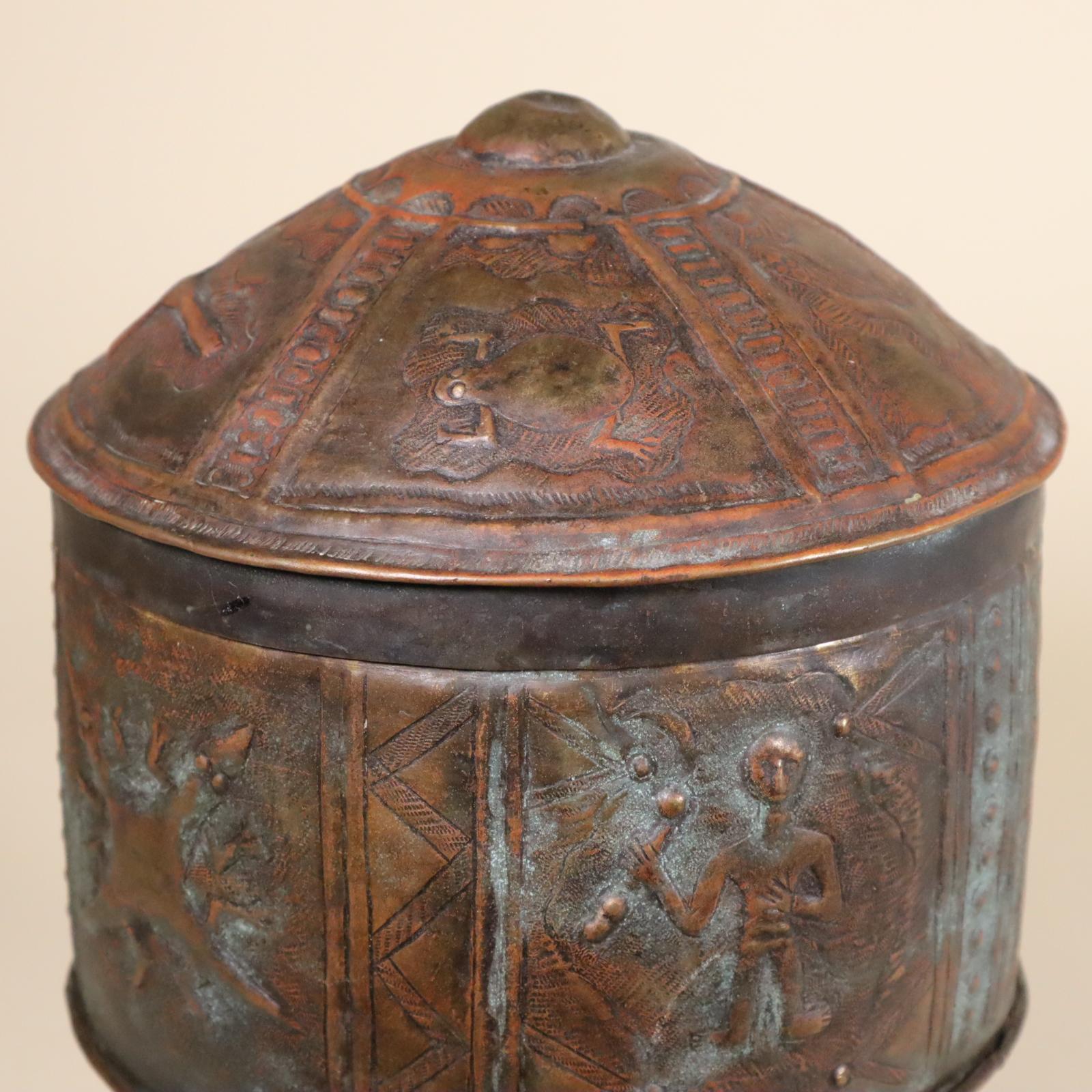 Akan Repousse Bronze Treasure Box Ghana West African Tribal Art Proverb Symbols For Sale 1