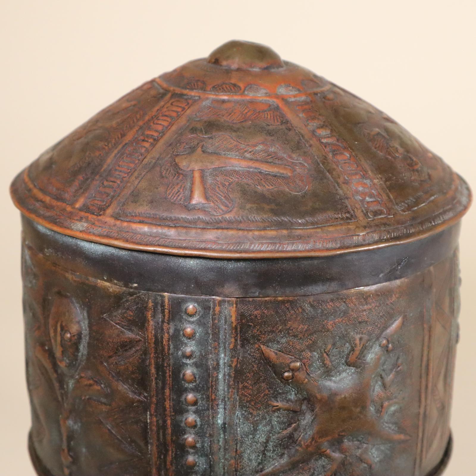 Akan Repousse Bronze Treasure Box Ghana West African Tribal Art Proverb Symbols For Sale 2