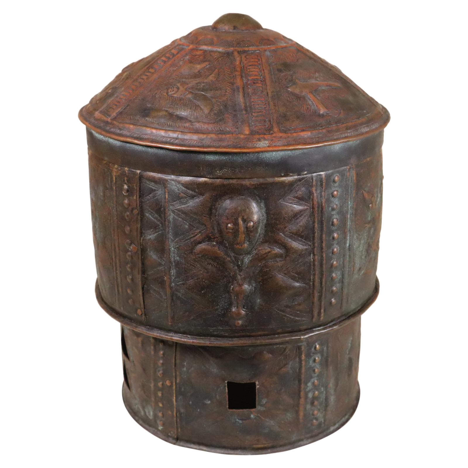 Akan Repousse Bronze Treasure Box Ghana West African Tribal Art Proverb Symbols For Sale