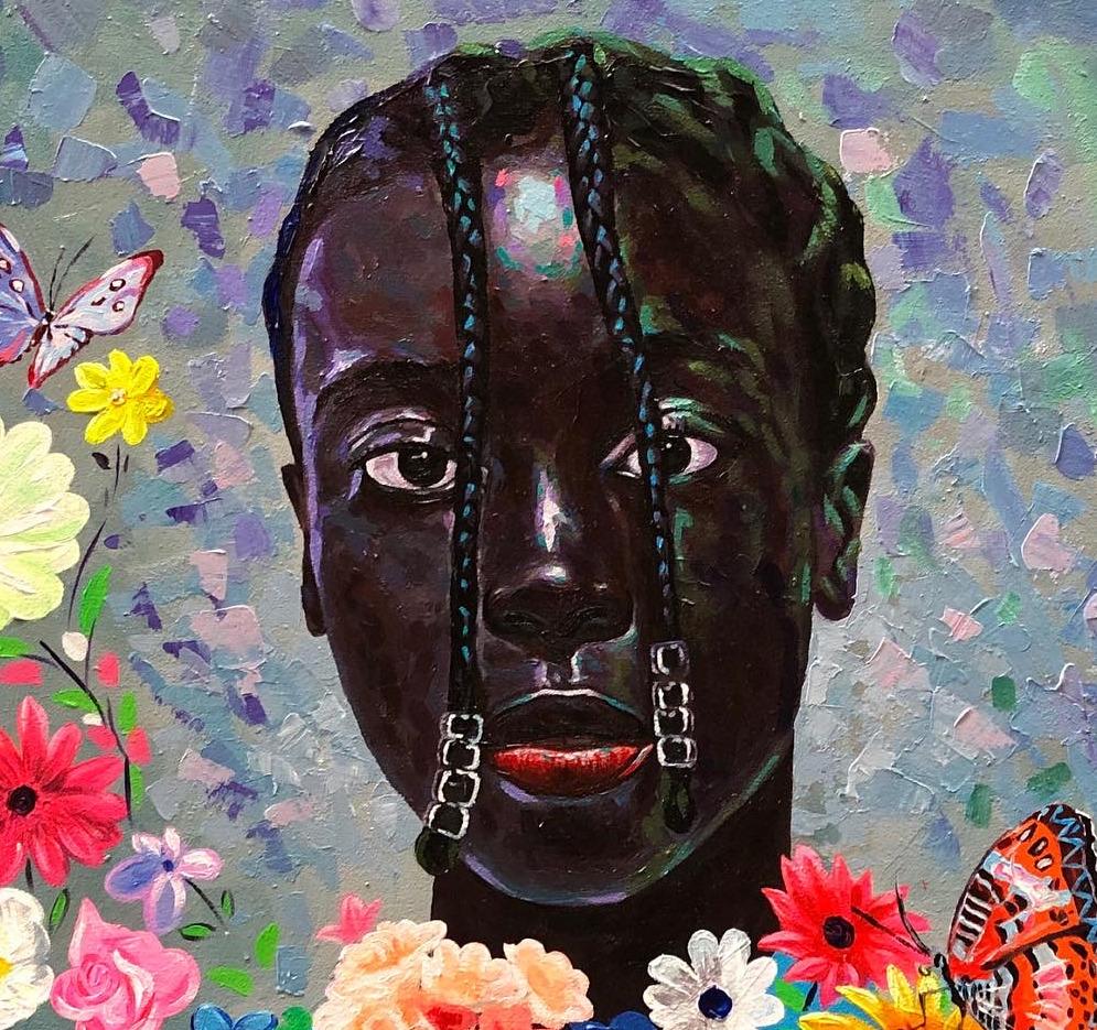 Seme in fiore - Figurative Painting Grigio di Akande John