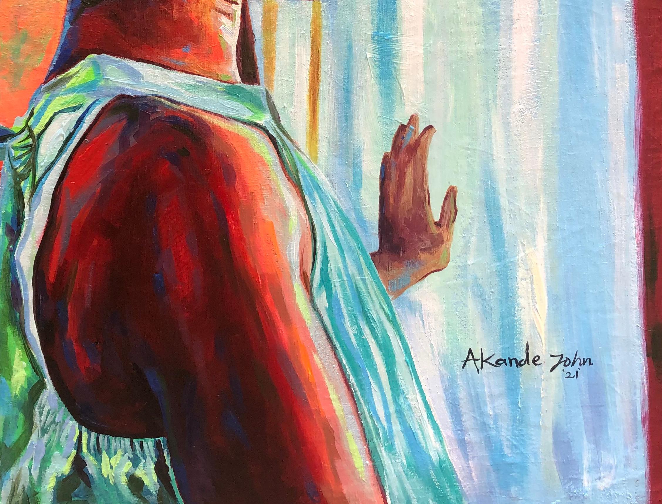 Mente piena - Figurative Painting Grigio di Akande John
