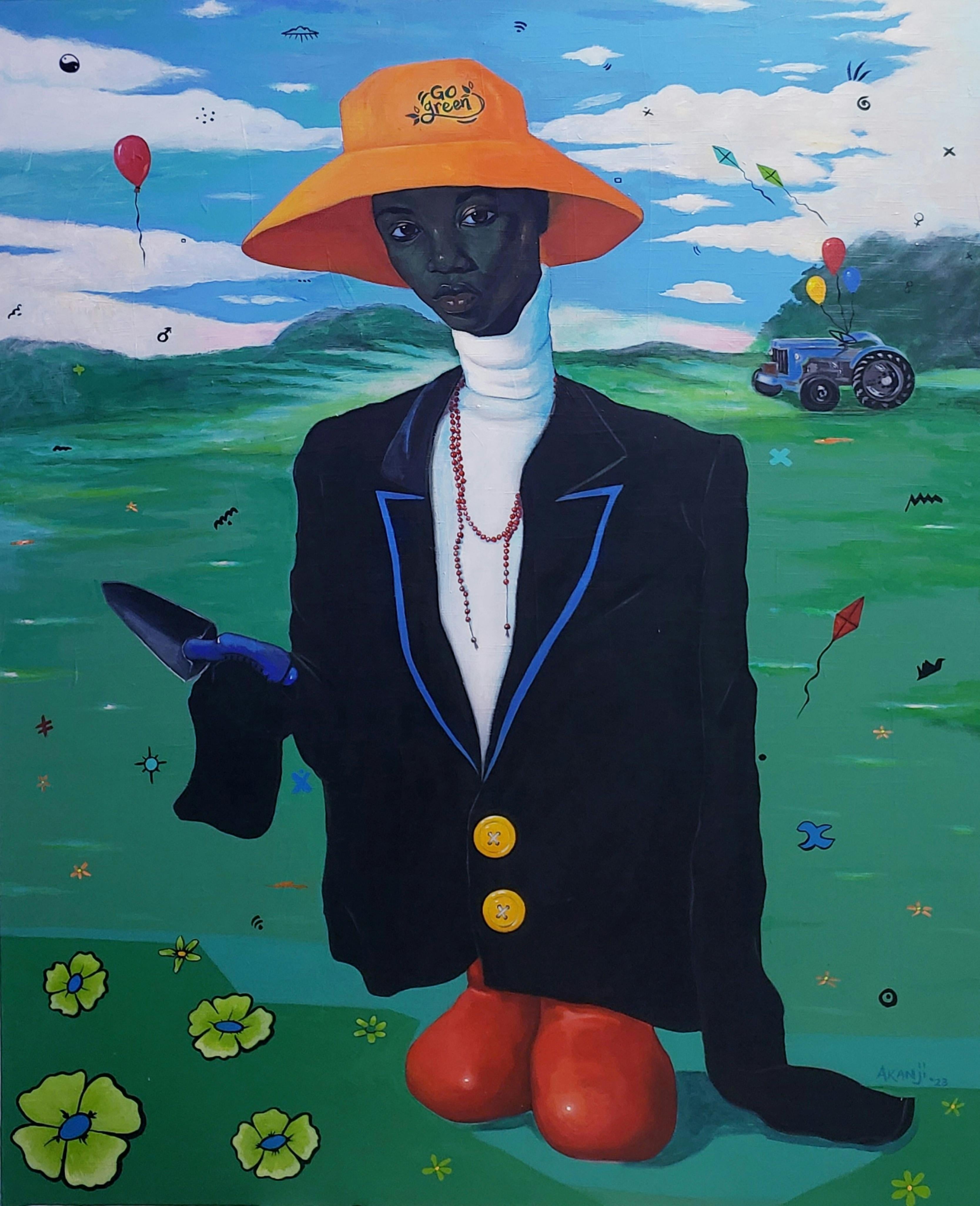 Akanji Bolaji Figurative Painting – Die Ernte ist bereit - 21. Jahrhundert, Zeitgenössisch, Surrealismus, African Nature, Kind