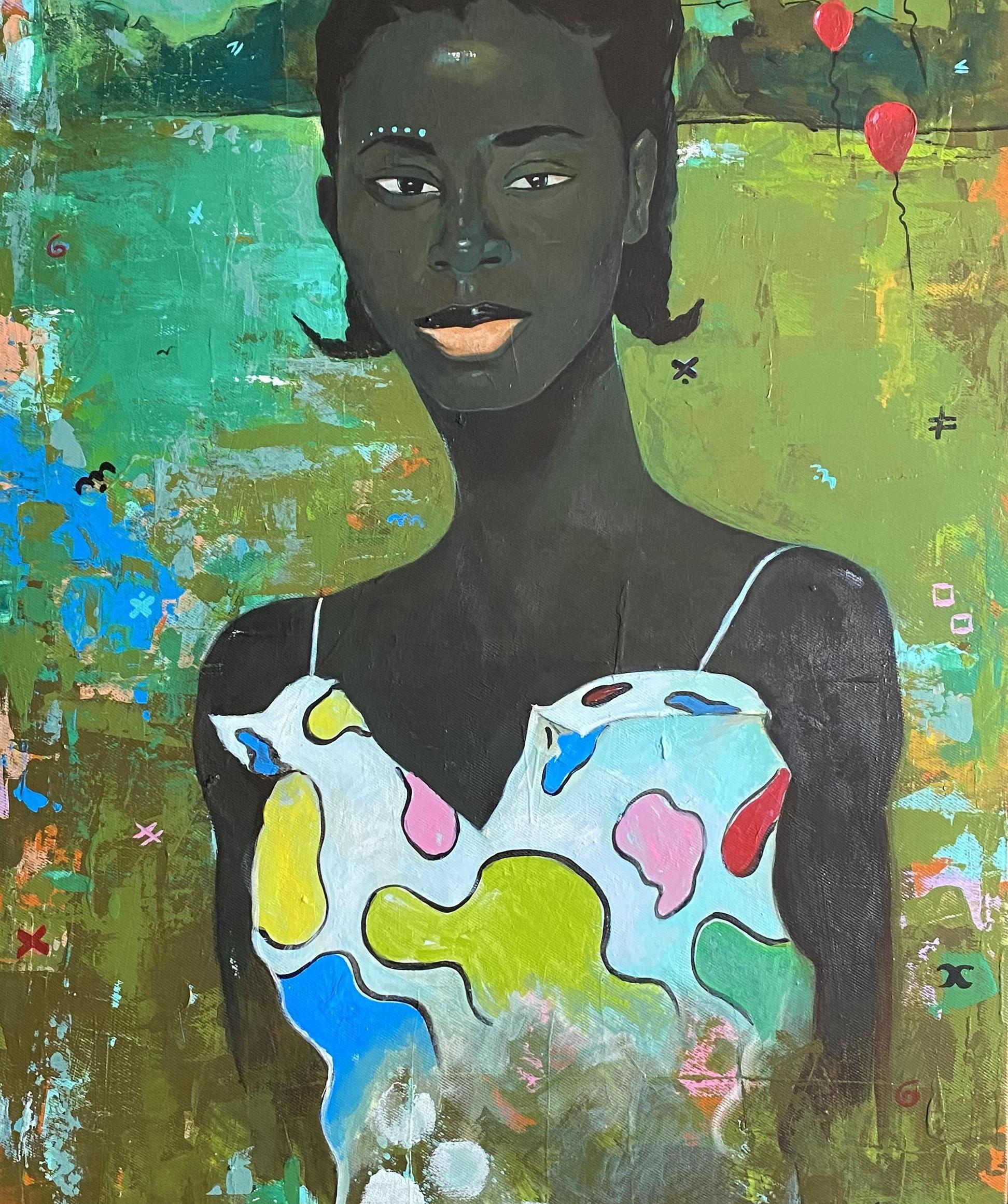 Mi mirada imperfecta - Siglo XXI, Contemporáneo, Surrealismo, Mujer africana - Figurative Painting Beige de Akanji Bolaji