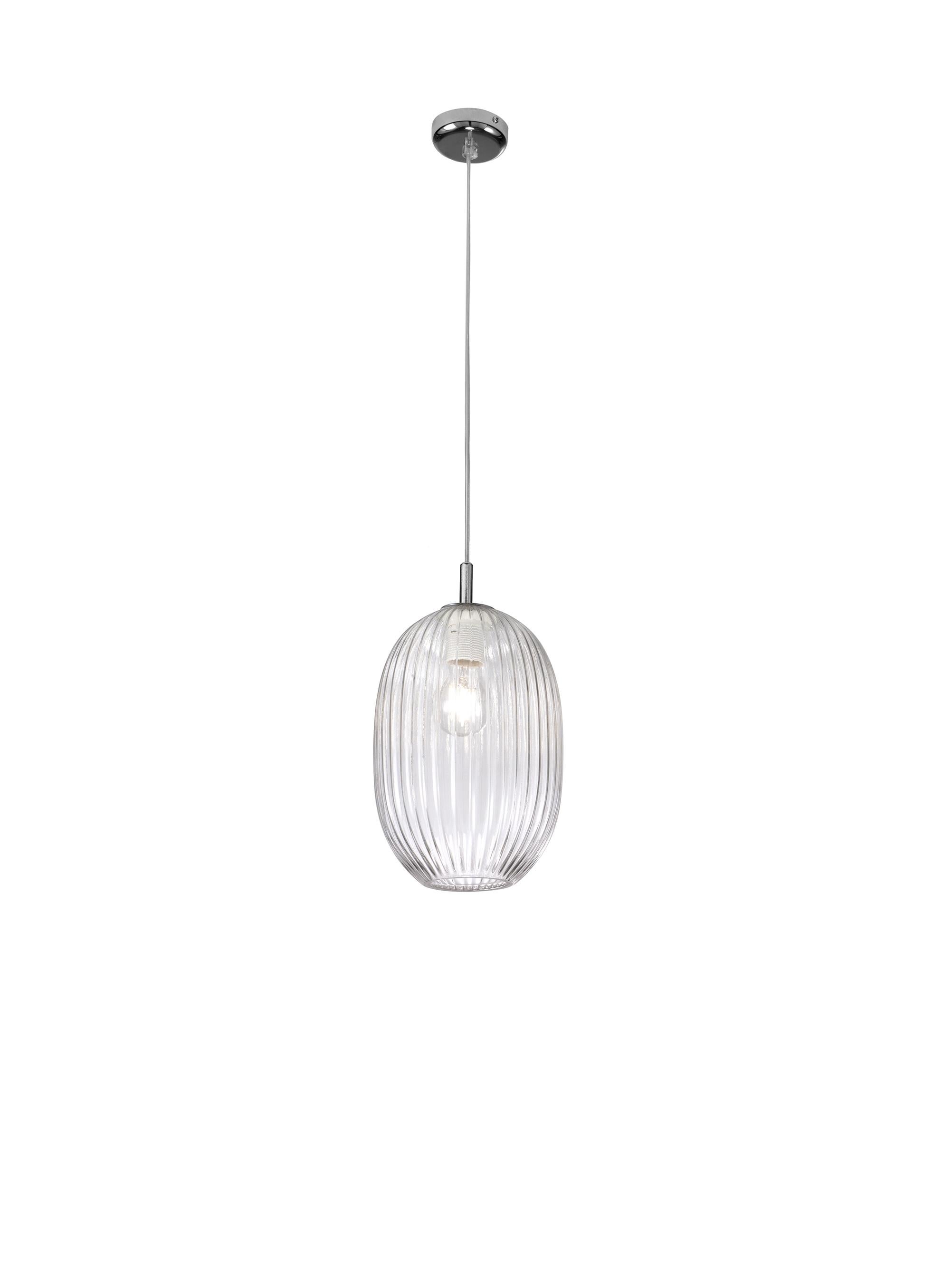 Pendente moderno italiano con paralume in vetro trasparente a coste che proietta sottili tonalità di lampi di luce, sospeso da un cavo trasparente e da una ferramenta cromata / Made in Italy by FABIO LTD
Diametro: 7,5 pollici / Altezza: 12 pollici