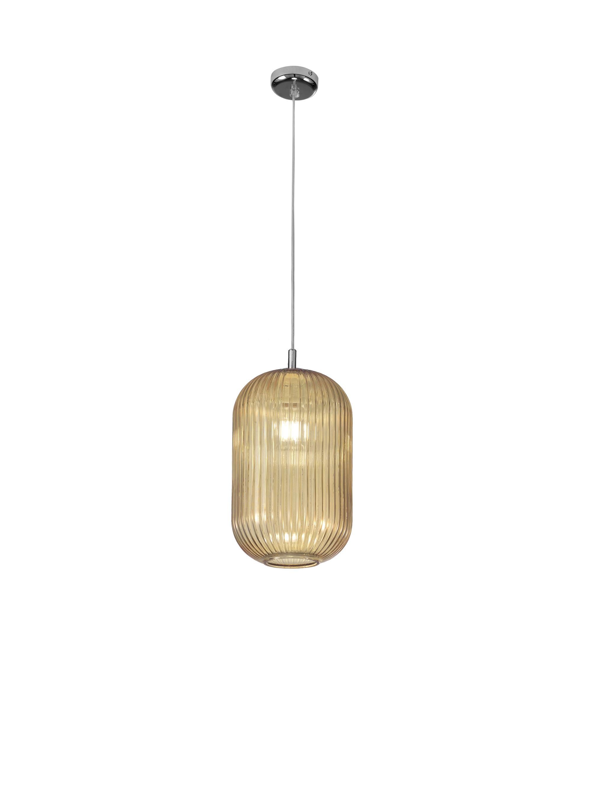 Pendente moderno italiano con paralume in vetro ambrato a coste che proietta sottili tonalità di lampi di luce, sospeso da un cavo trasparente e da una ferramenta cromata / Made in Italy by FABIO LTD
Diametro: 8 pollici / Altezza: 13 pollici più