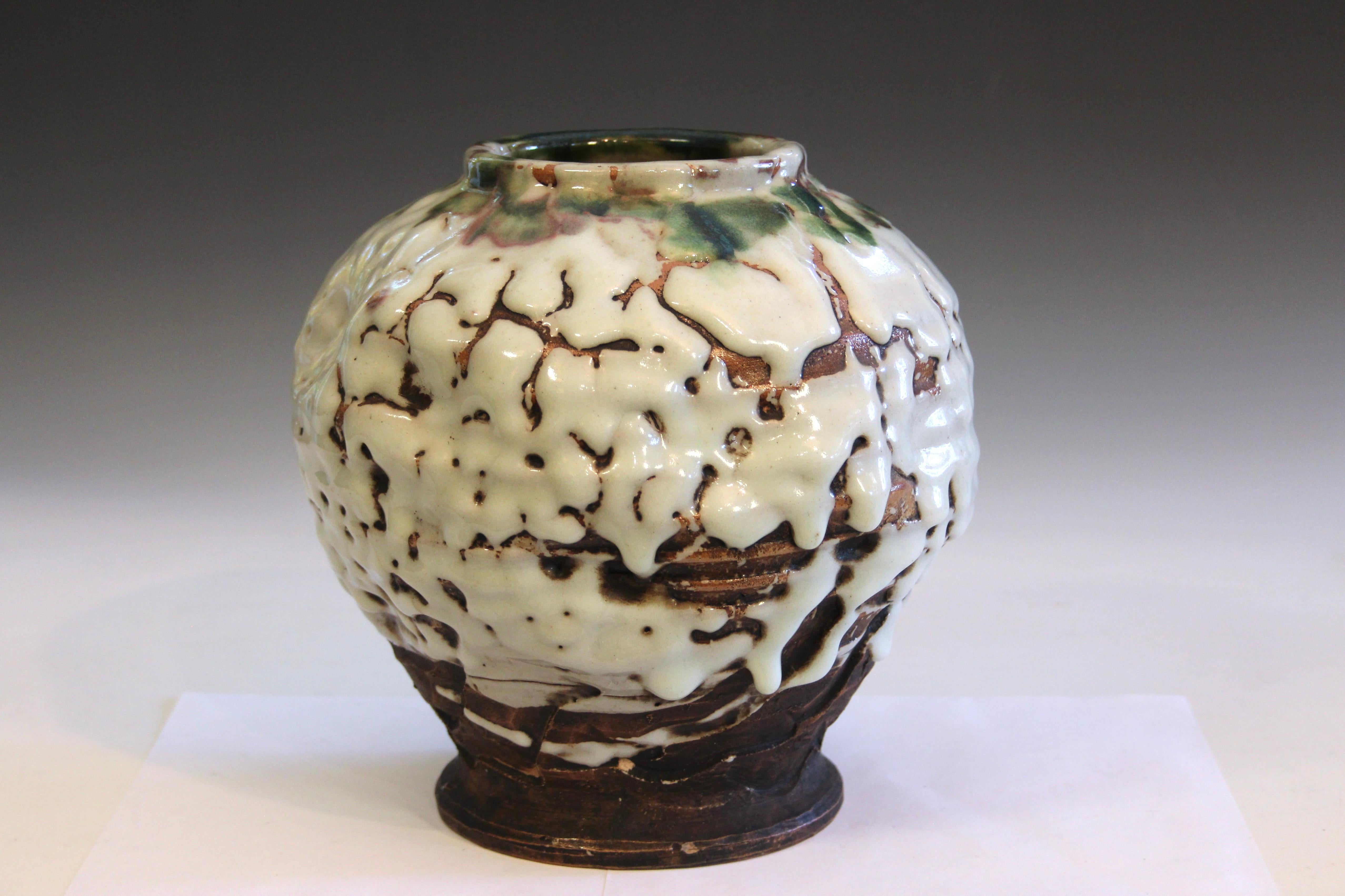 Japanese Akashi-Awaji Pottery Modernist Manipulated Volcanic Drip Glaze Vase For Sale