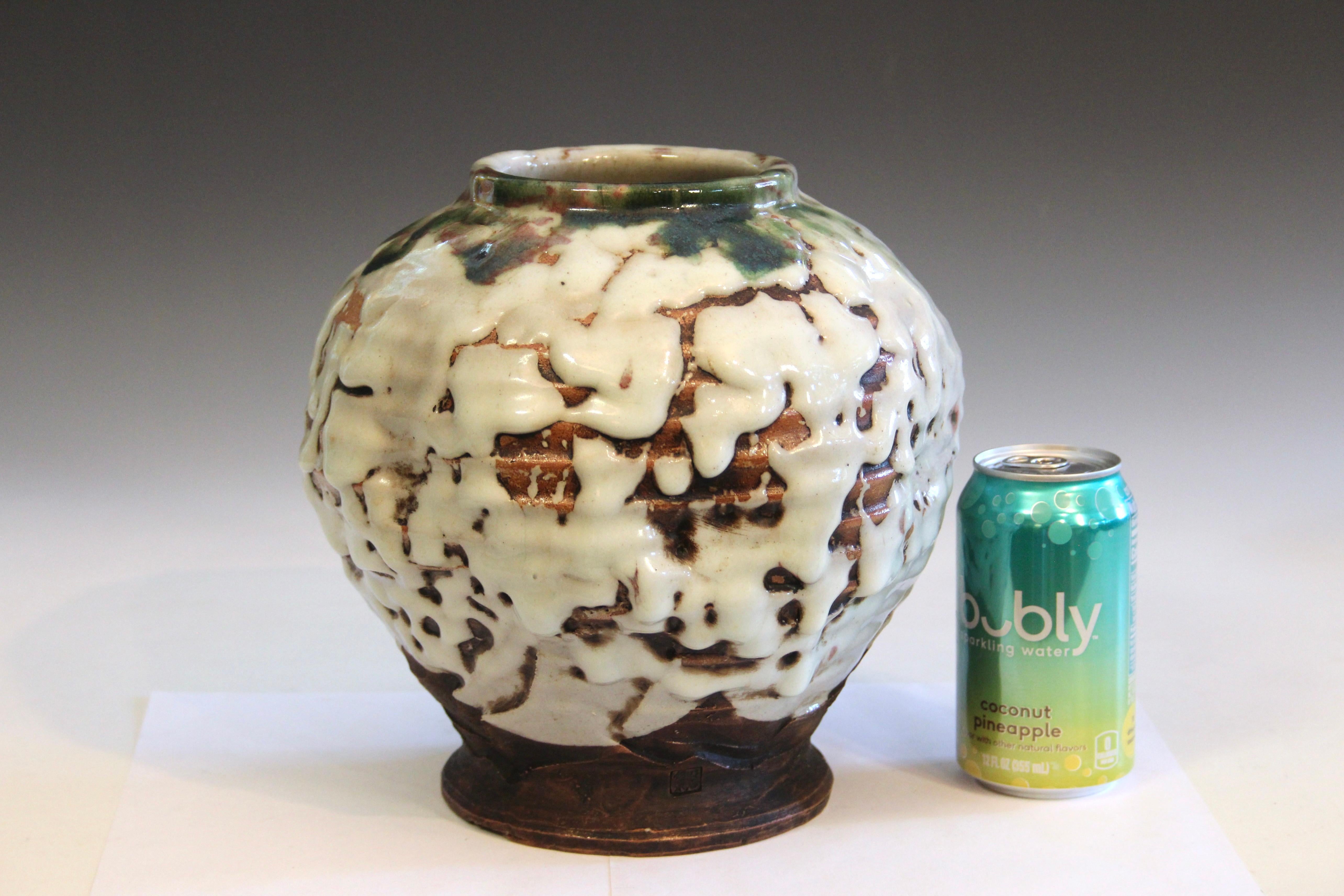 Akashi-Awaji Pottery Modernist Manipulated Volcanic Drip Glaze Vase For Sale 3