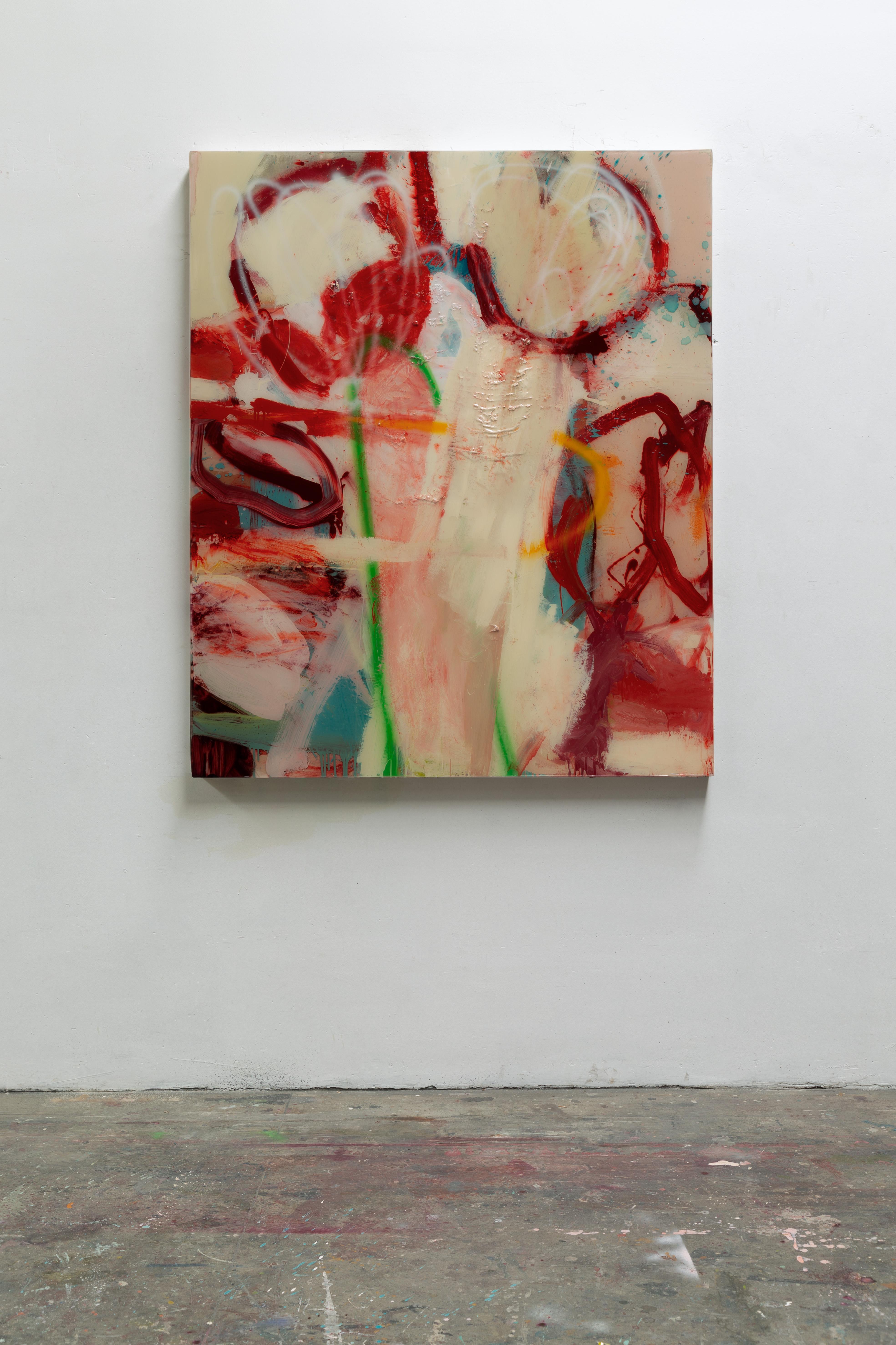 While visually maintaining a balance of chaos and control, Aurel K. Basedow’s paintings become a conversation between the rigid technical handling of resin, his chosen media, and the gestural possibilities of chromatic layering. Basedow most closely