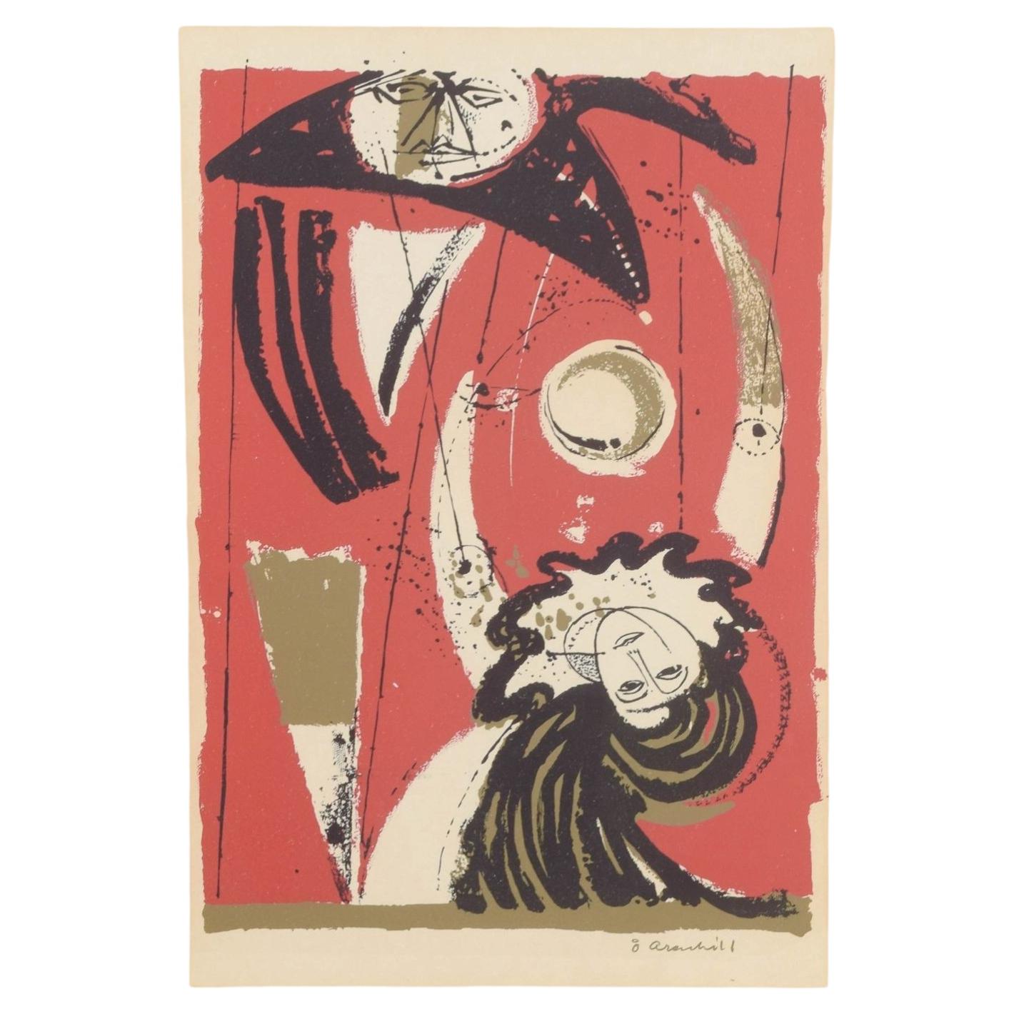 Åke Arenhill. Lithographie en couleur. Composition avec des figures cosmiques. Milieu du 20e siècle. en vente