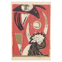 Åke Arenhill. Lithographie en couleur. Composition avec des figures cosmiques. Milieu du 20e siècle.