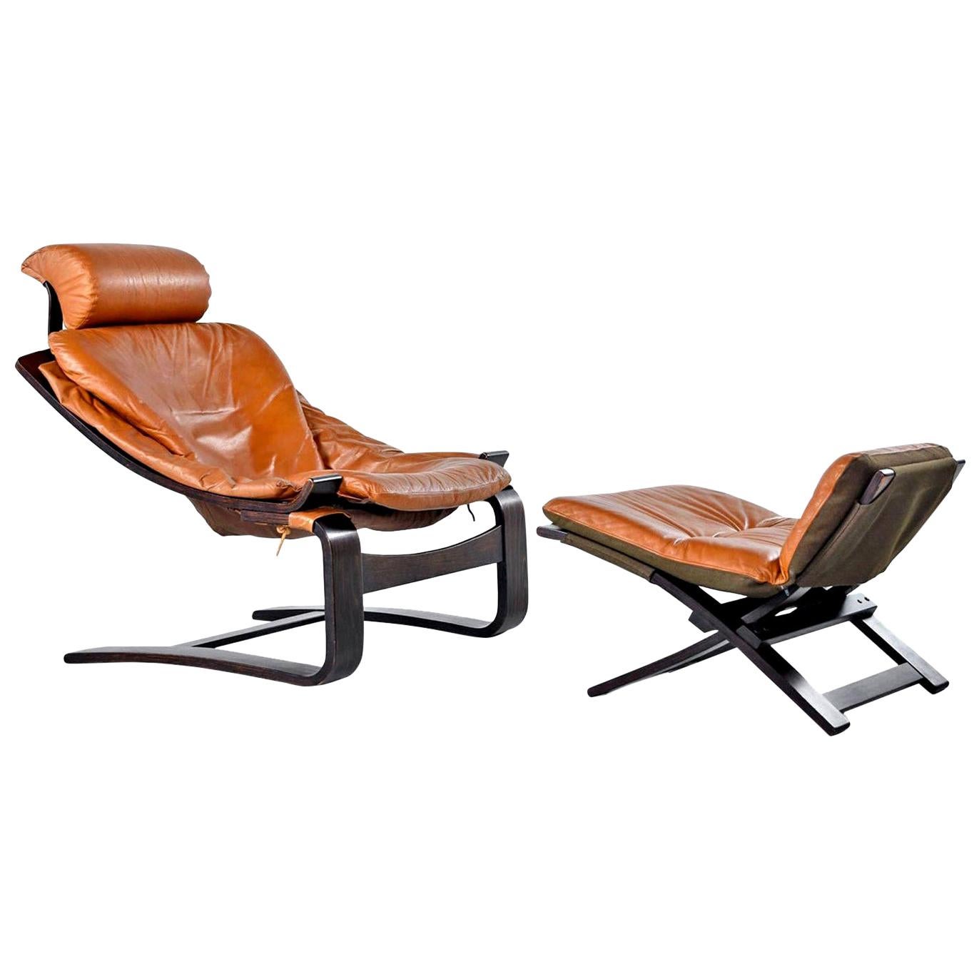 Ake Fribytter for Nelo Cognac Leather Rosewood Kroken Lounge Chair and Ottoman