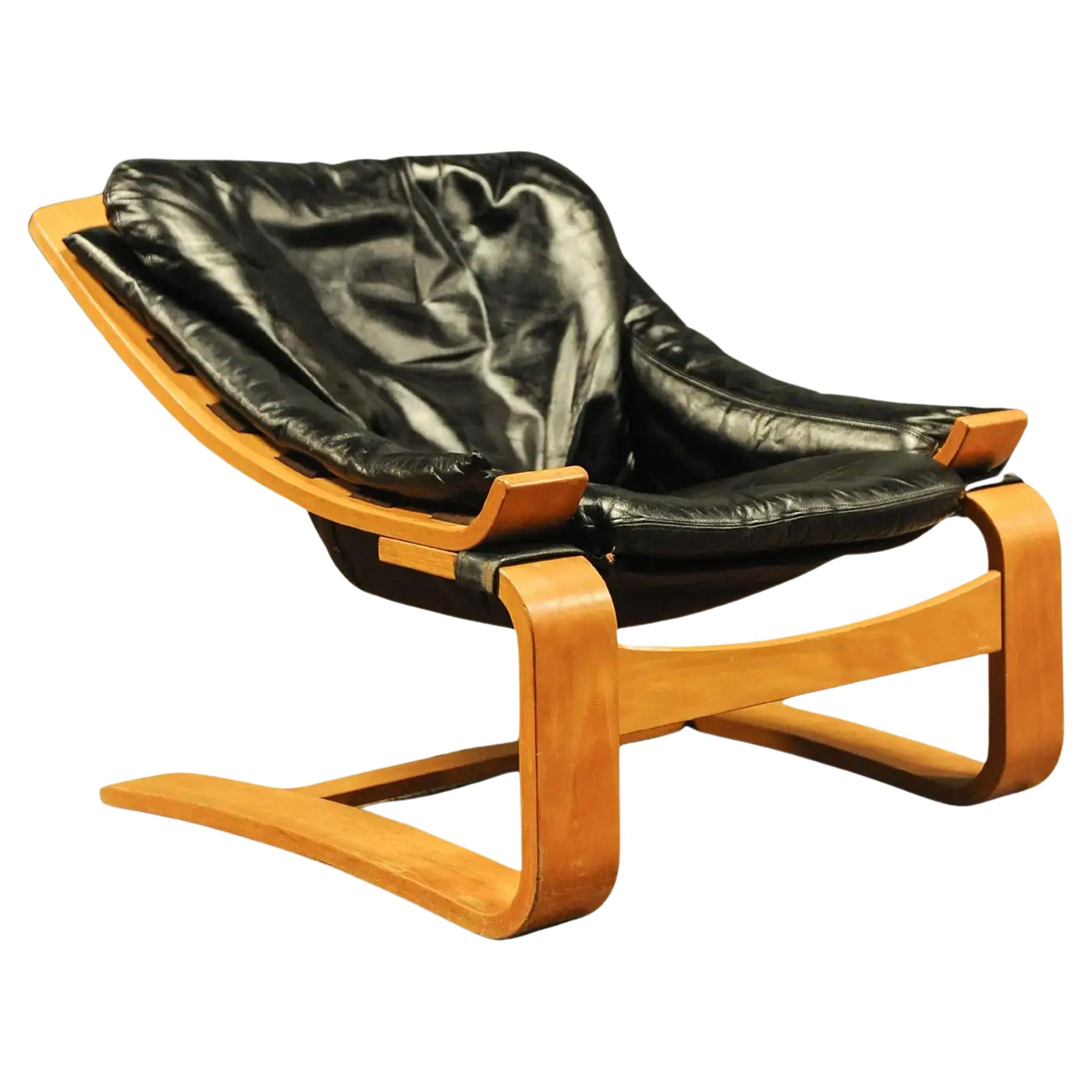 Åke Fribytter pour Nelo "Kroken" Buffalo Black Leather Bentwood Cantilever Chair en vente