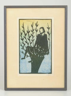 Åke Holm. Color woodcut on paper. Composition with man in tree. Mid-20th C