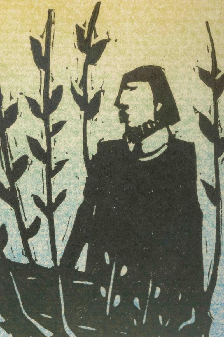 Åke Holm. Farbholzschnitt auf Papier. Komposition mit Mann im Baum. Mitte 20. C (Moderne) im Angebot