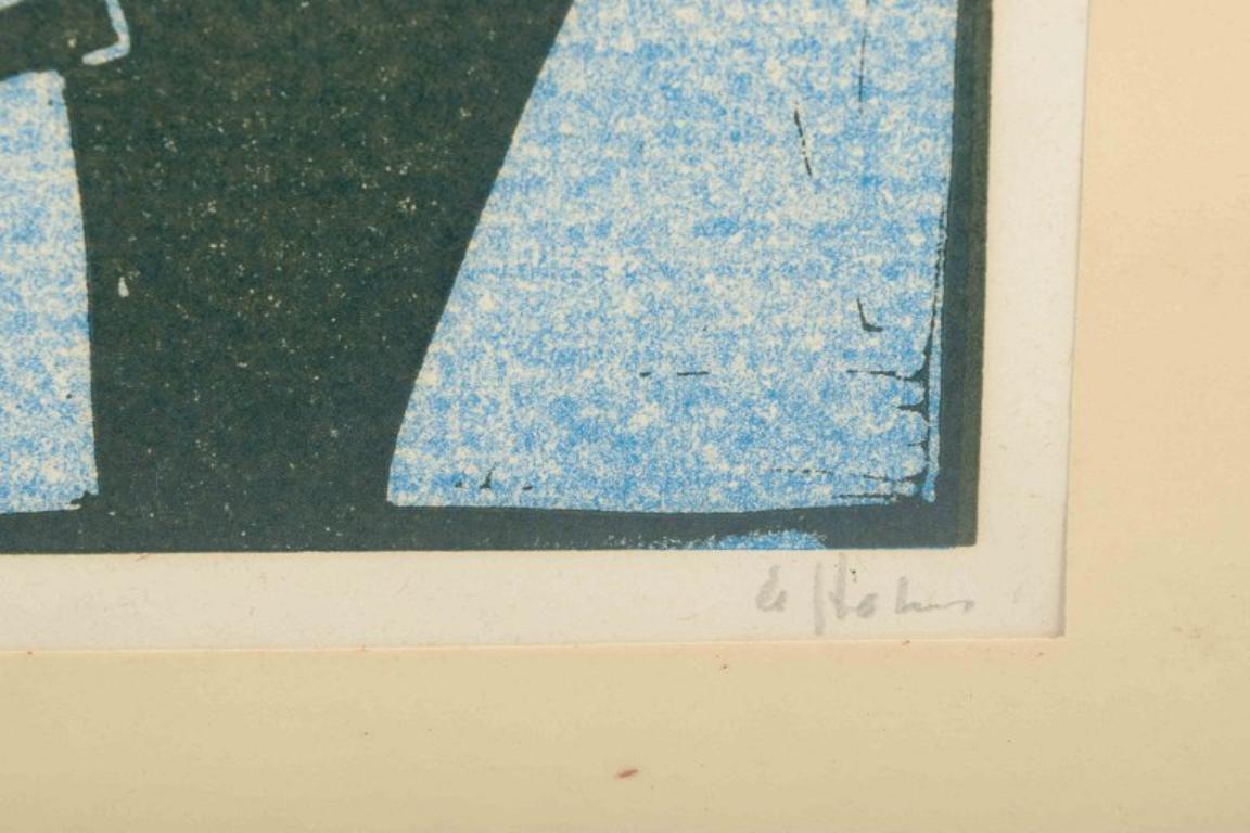 Åke Holm. Farbholzschnitt auf Papier. Komposition mit Mann im Baum. Mitte 20. C (Schwedisch) im Angebot