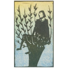 Åke Holm. Color woodcut on paper. Composition with man in tree. Mid-20th C