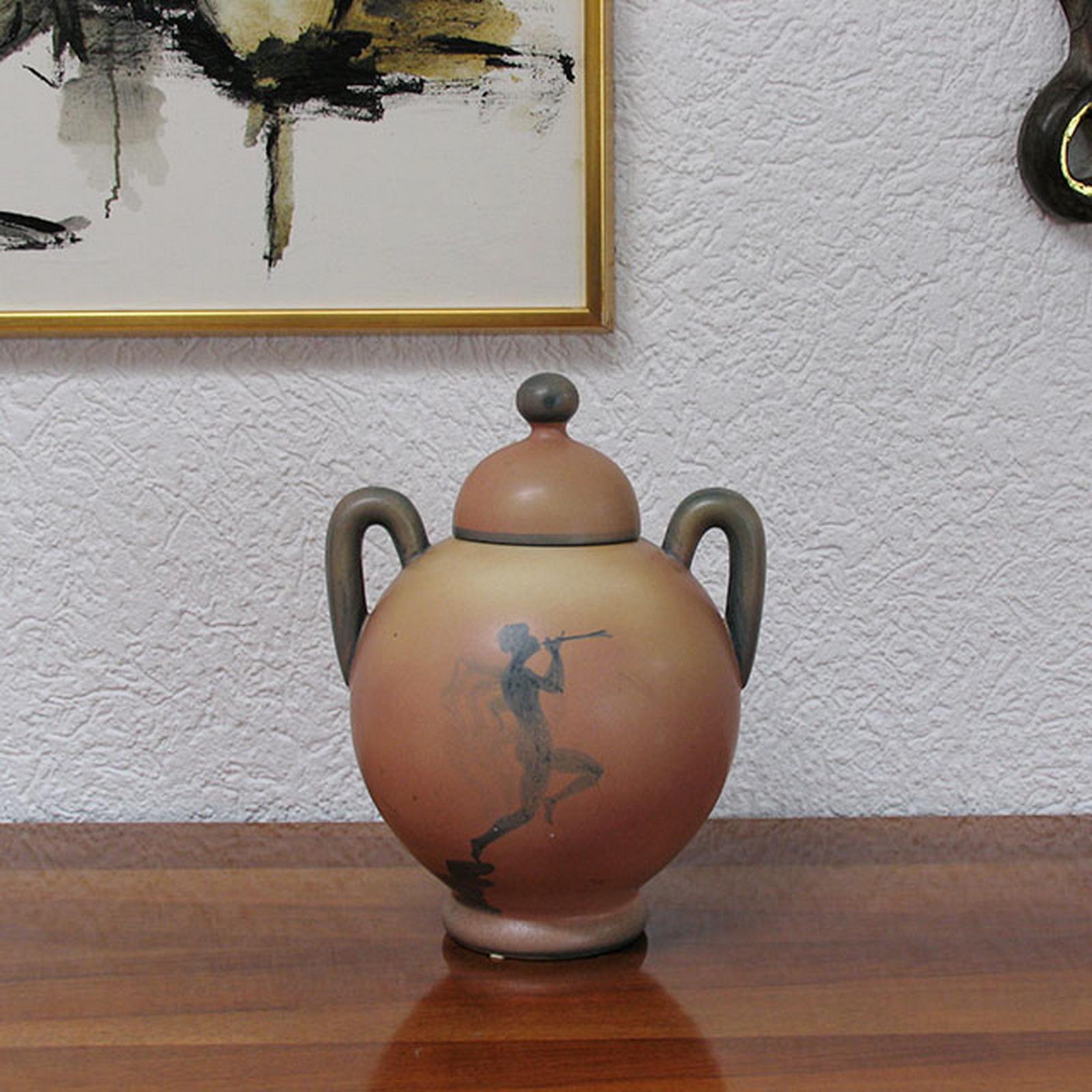 Art déco Grande urne en céramique Art Déco avec couvercle de Ake Holm, Hoganas  en vente