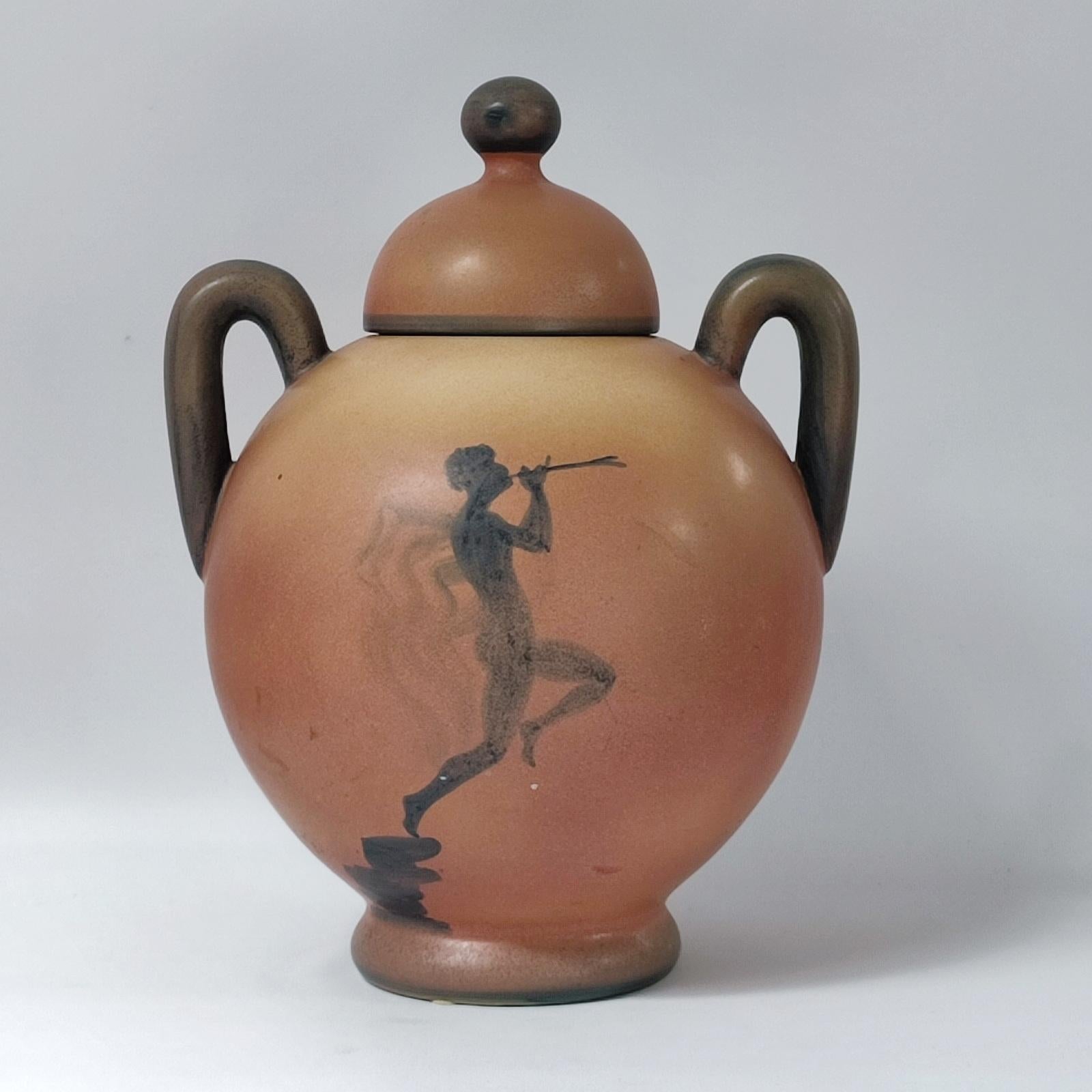 Poteries Grande urne en céramique Art Déco avec couvercle de Ake Holm, Hoganas  en vente