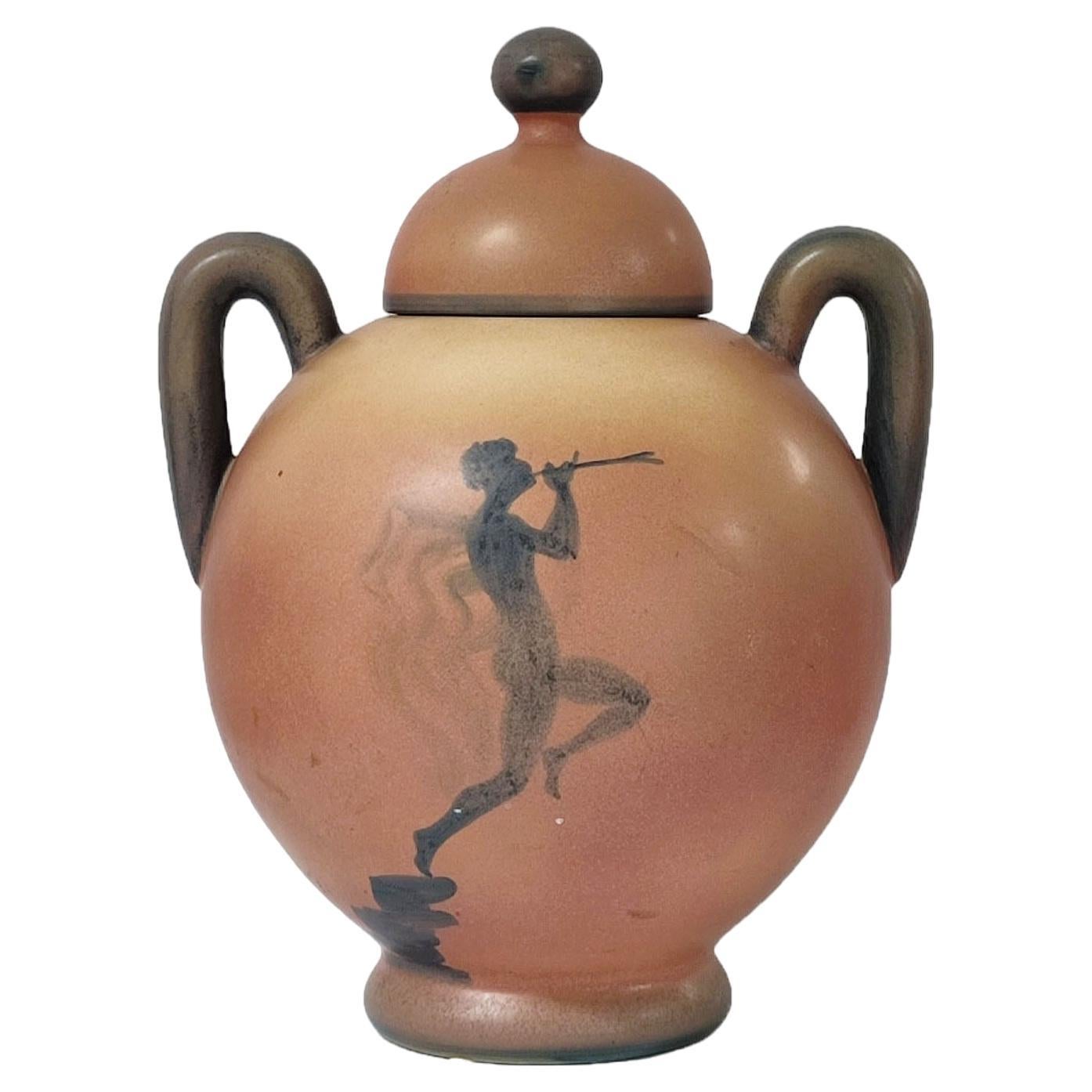 Grande urne en céramique Art Déco avec couvercle de Ake Holm, Hoganas  en vente