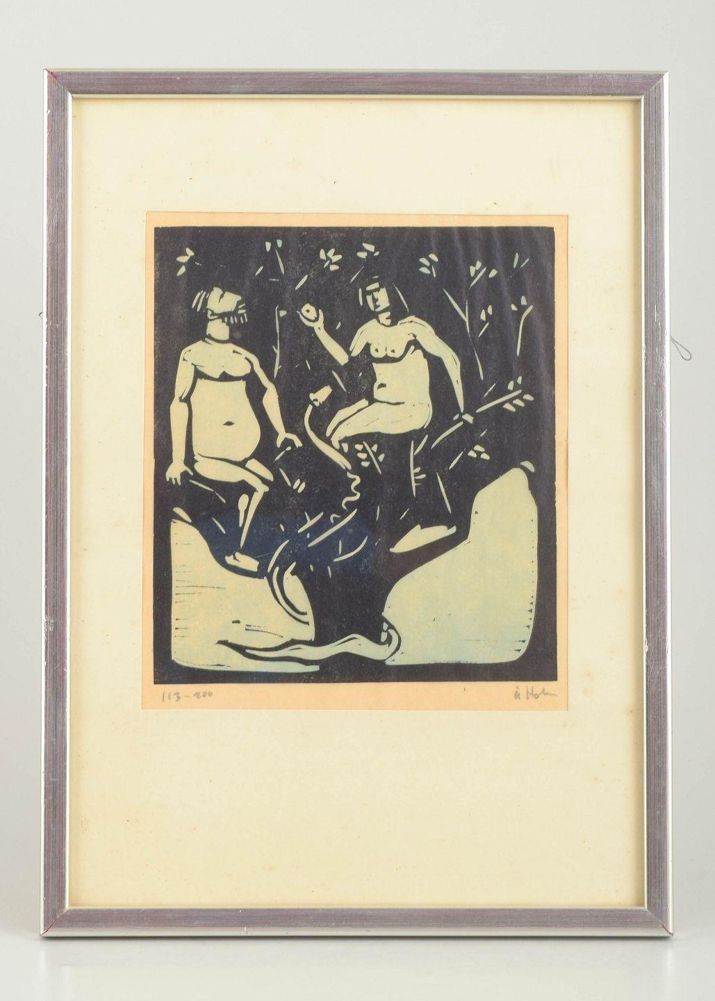 Åke Holm. Imprime en papel. Adán y Eva en el Jardín del Edén.
Impresión en blanco y negro, numerada y firmada.

Artista: Åke Holm (1900-1980)
Título/Motivo: Adán y Eva (tema bíblico)
Técnica: Xilografía (linograbado)
Edición: 113/200
Tamaño de la
