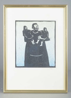 Åke Holm, Sweden. Black-and-white woodcut. Laban and his Daughters, 1978.