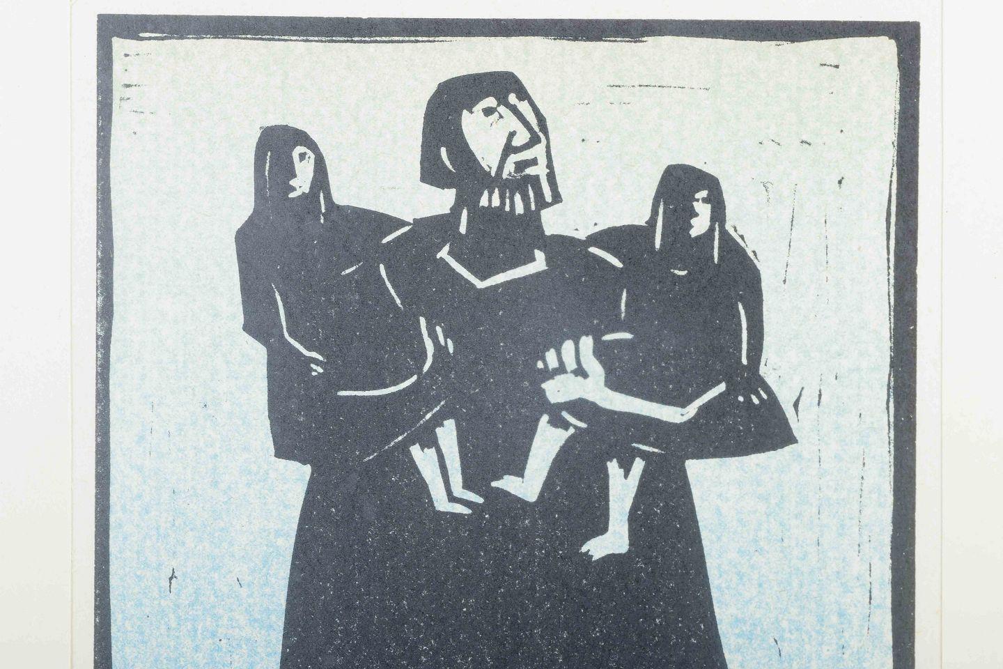 Moderne Åke Holm, Suède. Gravure sur bois en noir et blanc. Laban et ses filles, 1978. en vente