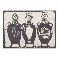 Åke Holm, Sweden. Black-and-white woodcut. Three regal figures. Ca. 1950s