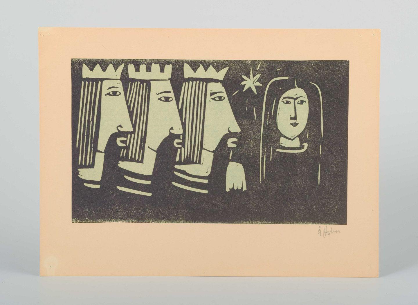 Åke Holm, Suède.
Gravure sur bois en noir et blanc représentant les Rois mages suivant l'étoile vers la Vierge Marie.
Les personnages sont stylisés avec des traits de visage et des couronnes proéminents, rendus par un trait simple et expressif