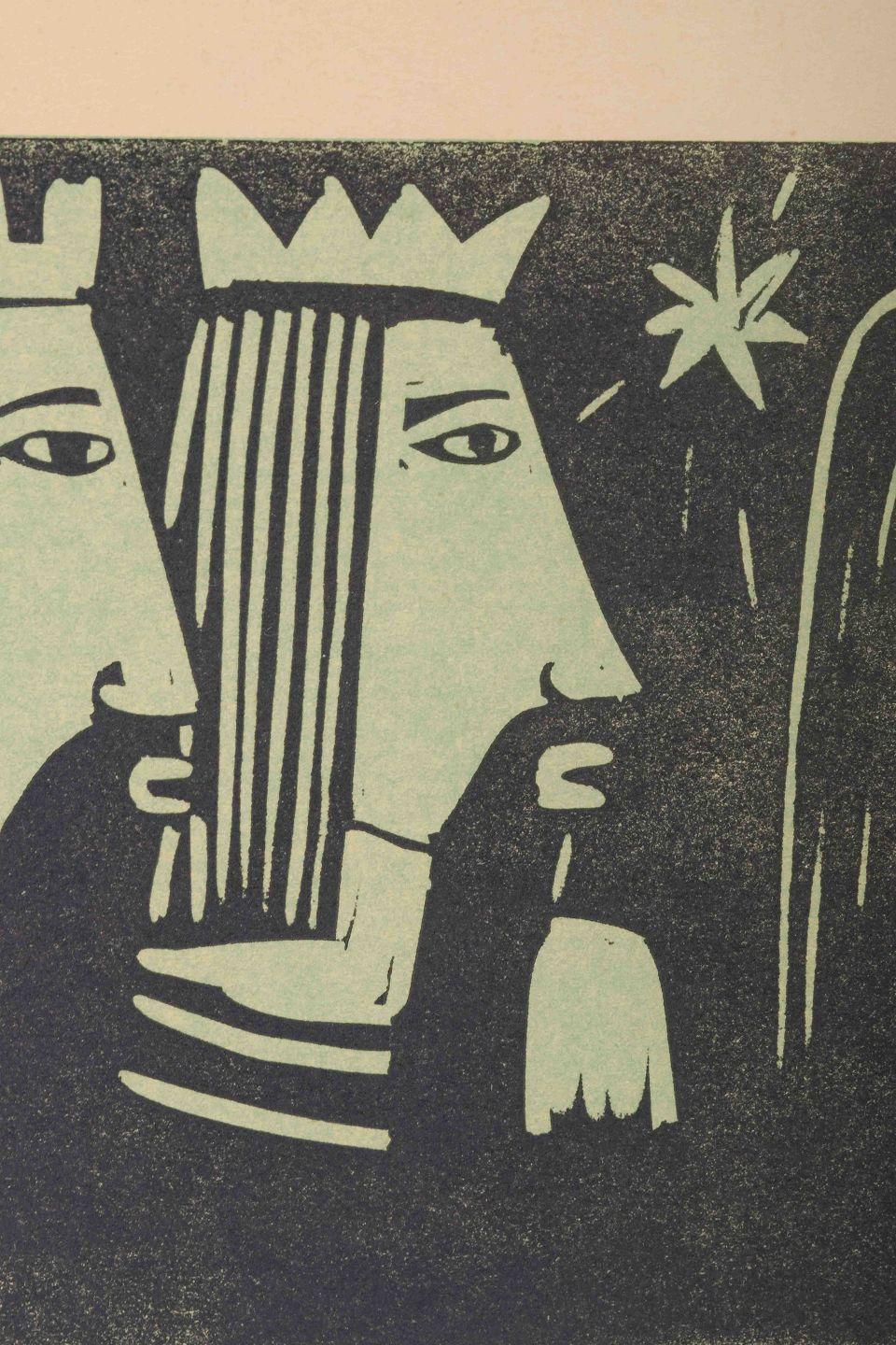 Moderne Åke Holm, Suède. Gravure sur bois en noir et blanc. Les Trois Rois Mages et la Vierge Marie. en vente