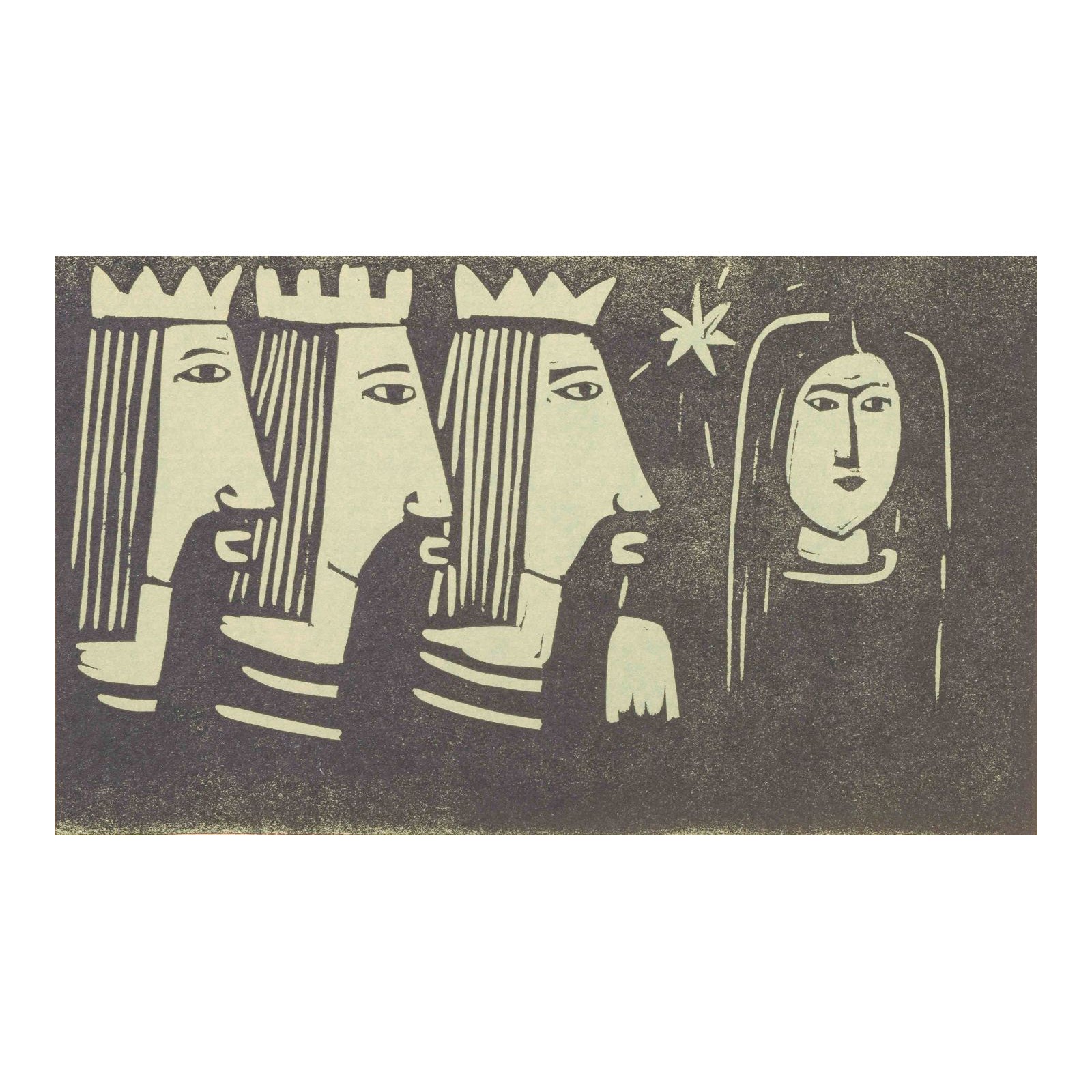 Åke Holm, Sweden. Black-and-white woodcut. Three Wise Men and Virgin Mary.