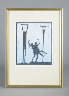 Åke Holm, Sweden. Black-and-white woodcut with three stylized figures. 1970s