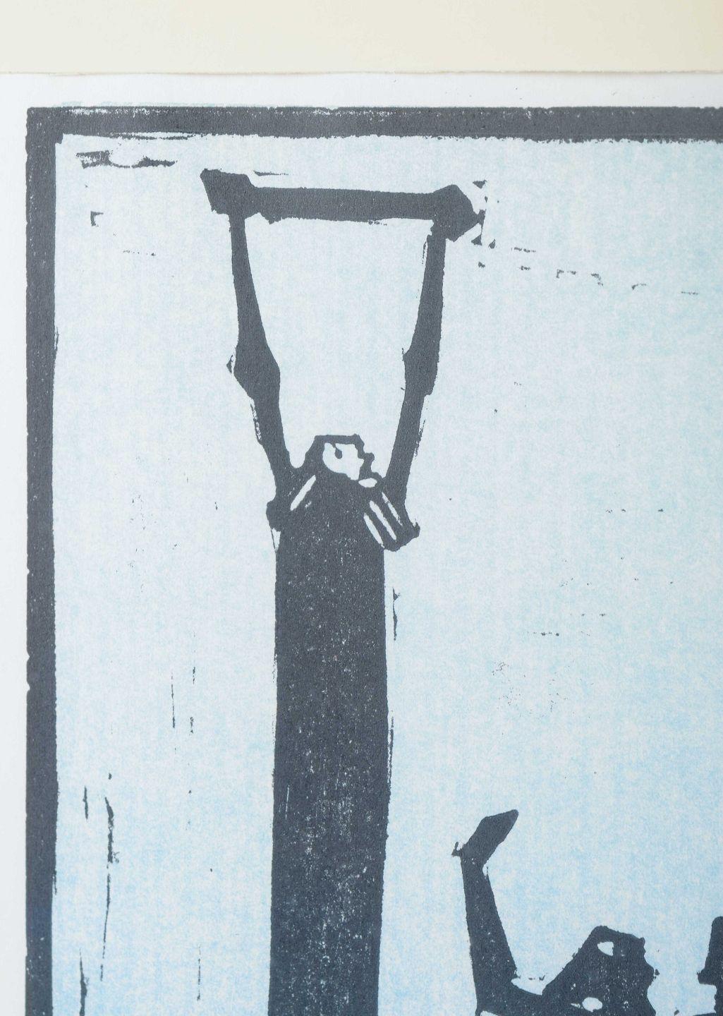 Svedese Åke Holm, Svezia. Xilografia in bianco e nero con tre figure stilizzate. 1970s in vendita