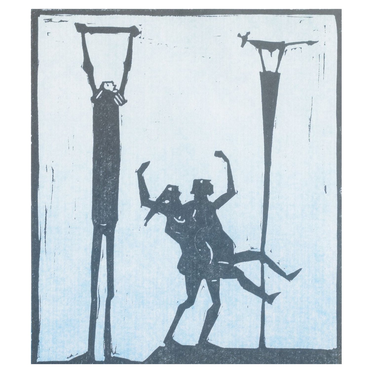 Åke Holm, Schweden. Schwarz-weißer Holzschnitt mit drei stilisierten Figuren. 1970s