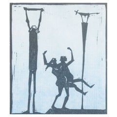 Åke Holm, Suède. Gravure sur bois en noir et blanc avec trois personnages stylisés. 1970s