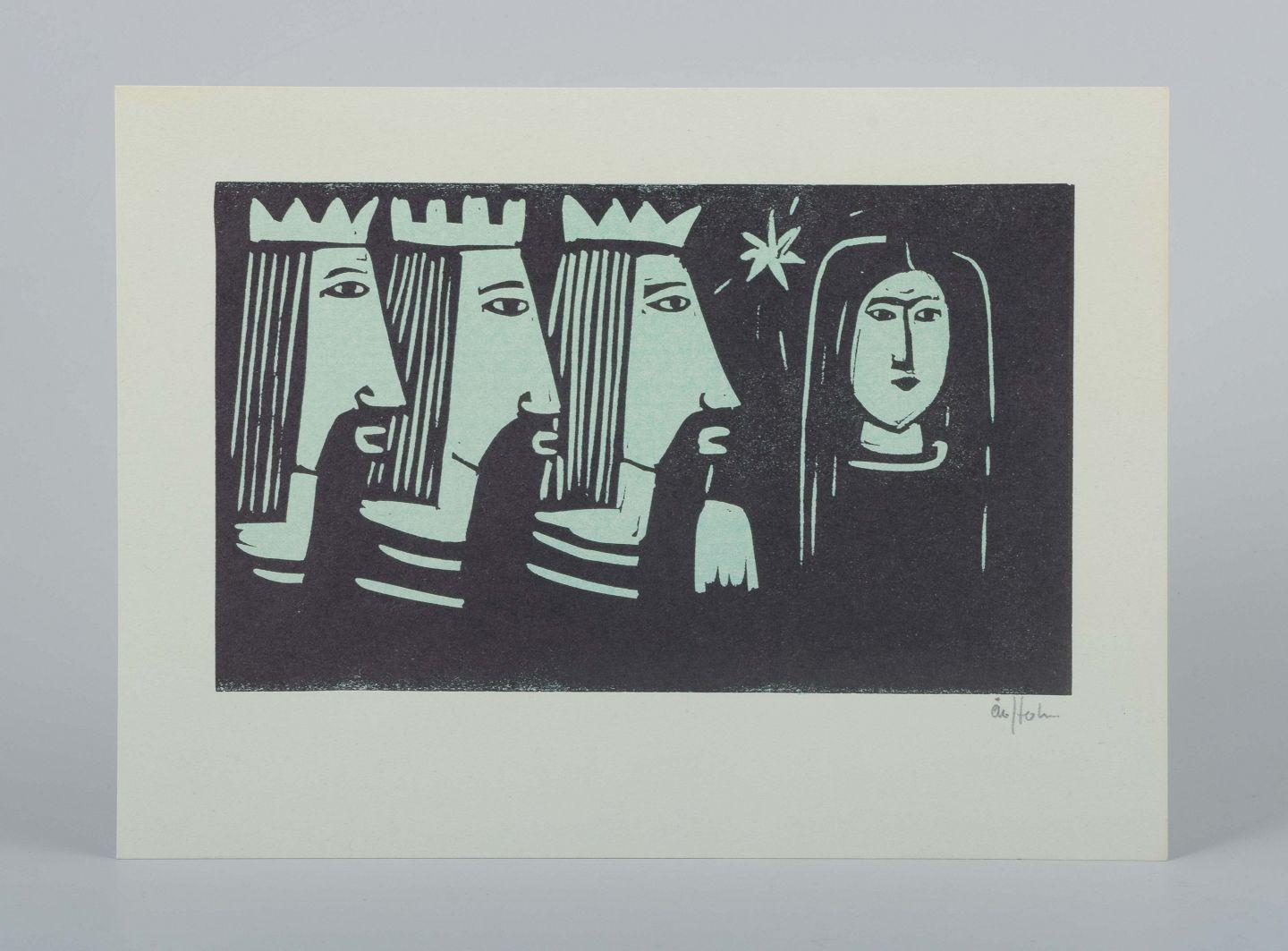 Åke Holm, Suède.
Gravure sur bois en noir et blanc représentant les Rois mages debout devant la Vierge Marie sous l'étoile.
Les figures sont exécutées dans une forme sobre et décorative, avec des lignes simples et une forte expression graphique,