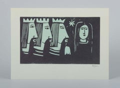 Åke Holm, Sweden. Black and-white woodcut with Three Wise Men and Virgin Mary.