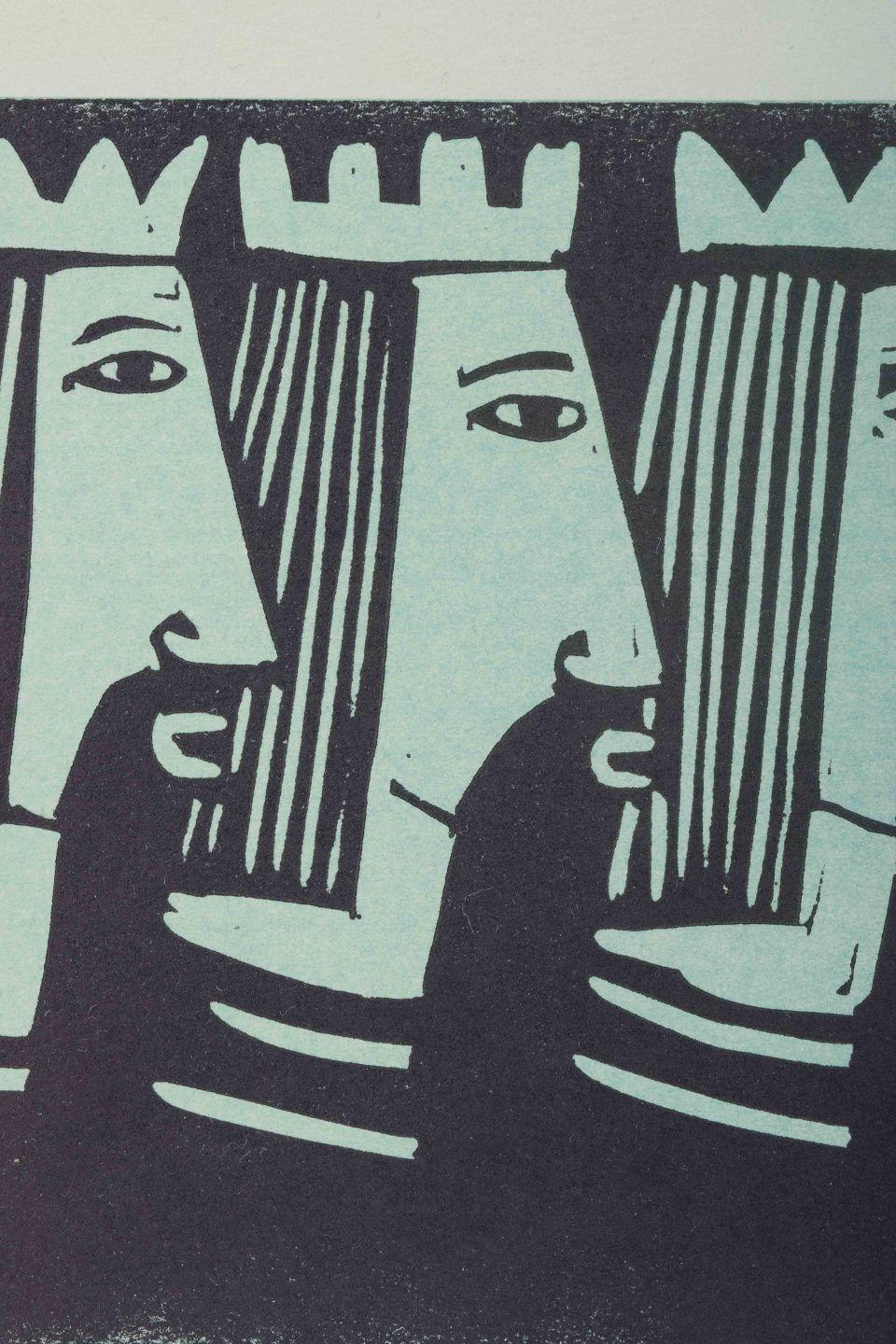 Moderne Åke Holm, Suède. Gravure sur bois en noir et blanc représentant les Rois Mages et la Mary. en vente